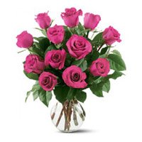 Get Diwali Flowers in India. Pink Roses in Vase 12 Flowers to India Online