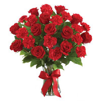 Diwali Flowers Delivery in India. Red Rose Carnation Vase 24 Best Flowers to India