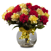 Send Online Flowers Delivery in India with Red Yellow Carnation Vase 18 Flowers on Rakhi