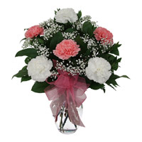 Same Day Delivery of Diwali flowers in India. Pink White Carnation in Vase of 12 Flowers in India