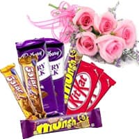 Place order for Twin Five Star and Dairy Milk, Munch, Kitkat Chocolates with 5 Pink Roses Flowers and Diwali Gifts to India