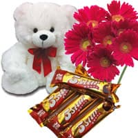 Online Delivery Gifts to Chandigarh. 6 Red Gerbera, 6 Inch Teddy Bear and 4 Five Star Chocolates to India