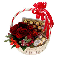 Diwali Gift Delivery in India to Send 12 Red Roses, 40 Pcs Ferrero Rocher Chocolate Basket