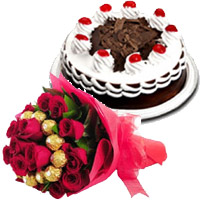 Order 16 pcs Ferrero Rocher with 30 Red Roses Bouquet and 1/2 Kg Black Forest Cake in India. Diwali Gifts Delivery in India