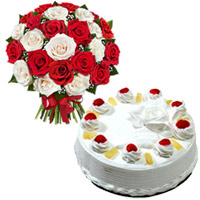 Send 1 Kg Pineapple Cake in India and 24 Red White Roses Bouquet
