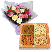 Diwali Flowers in India. Order for 12 Mixed Carnation With 1/2 Kg Dry Fruits and Gifts to India