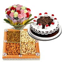 Online Gifts to India including 12 Mix Carnation with 1/2 Kg Black Forest Cake and 1/2 Kg Dry Fruits in India