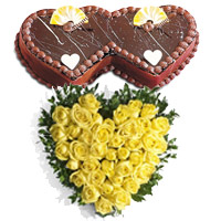 Same Day Rakhi Delivery in India and 40 Yellow Roses Heart with 2 Kg Twin Heart Shape Chocolate Cake