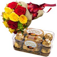 Deliver 12 Red Yellow Roses Bunch 16 Pcs Ferrero Rocher, Send Rakhi to India Same Day Delivery