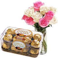 Deliver 10 Pink White Roses Vase 16 Pcs Ferrero Rocher Chocolates on Rakhi to India