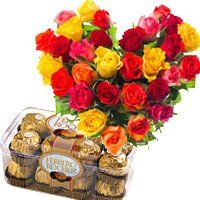Birthday Gifts to Vasco Da Gama. 30 Mix Roses Heart 16 Pcs Ferrero Rocher Chocolates to Vasco Da Gama