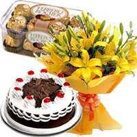 Send Rakhi Gifts to India with 12 Yellow Lily with 1/2 Kg Black Forest Cake and 16 Pcs Ferrero Rocher