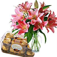 Send 15 Pink Lily Vase, 16 Pcs Ferrero Rocher Chocolates to India