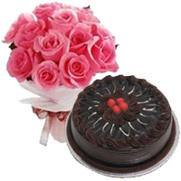 Pink Roses and 1 Kg Eggless Chocolate Cake to India