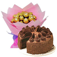 Send 1 Kg Chocolate Cake 5 Star Bakery with 16 Pcs Ferrero Rocher Bouquet India