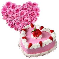 Deliver Anniversary Flowers in India. 24 Pink Roses Heart 1 Kg Strawberry Heart Cake to India