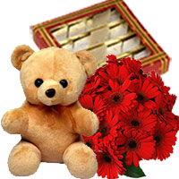 Send 1 Teddy Bear, 12 Gerbera Bouquet, 1/2 Kg Kaju Burfi Sweets. Rakhi Gift Delivery in India