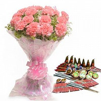 Crackers to India including 24 Pink Carnation Bouquet with Assorted Crackers worth Rs 1500