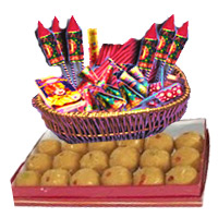 Diwali Crackers and Gifts to India. 1 Kg Besan Laddoos with Assorted Crackers worth Rs 2000