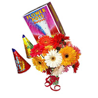 Diwali Gifts to India. 12 Mix Gerbera Bunch with 2 Box Flower Pot(Anaar)