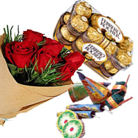 Diwali Gifts Delivery in India deliver to 16 Pcs Ferrero Rocher and 12 Red Roses Bunch with Assorted Crackers worth Rs 500