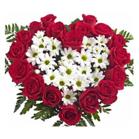 Deliver Rakhi with Flowers to India. White Gerbera Red Roses Heart 50 Flowers in India