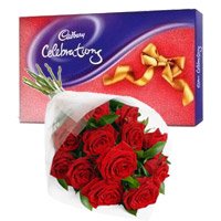 Chocolate to India. Cadbury Celebration Pack with 12 Red Roses Bunch. Gifts to India