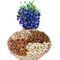 Gifts to India. Blue Orchid Bunch 10 Flowers Stem with 1/2 Kg Mix Dry Fruits to Udupi