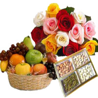 Send Diwali Gifts to India. 12 Mix Roses Bunch with 1 Kg Fresh Fruits Basket and 500 gm Mix Dry Fruits to India