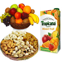 Online Diwali Gifts Delivery in India. 1 Kg Fresh Fruits Basket with 500 gm Mix Dry Fruits and 1 ltr Mix Fruit Juice