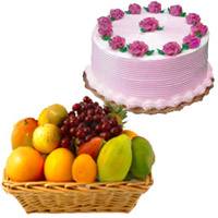 Order Rakhi Gifts in India. 1 Kg Fresh Fruits Basket with 500 gm Strawberry Cake to India