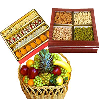 Send Basket of 3 Kg Fresh Fruits with 0.5 kg Mixed Dryfruits Gifts and 1 kg Assorted Sweets to India. Diwali Gifts Delivery in Ajmer