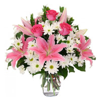 Send Rakhi to India with 2 White Lily 6 Pink Rose 10 White Gerbera Vase