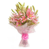 Order for Pink Lily Bouquet 6 Flowers in India on Diwali. Diwali Flowers Delivery to India
