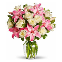 Place Order for Rakhi with Flowers. Pink Lily White Rose in Vase 15 Flowers to India