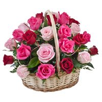 Rakhi Flower Delivery of Red Pink Peach Roses Basket 24 Flowers to India