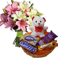 Send 6 Pink White Lily with 6 Inches Teddy and Chocolate Basket as Diwali Gifts in India