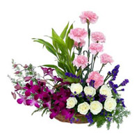 Deliver Online Orchids Carnations and Roses Arrangement of 18 Flowers to India on Rakhi