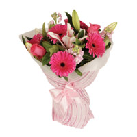 Send Pink Gerbera, Lily Roses Bouquet of 15 Diwali Flowers to India