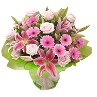Send Online Pink Lily, Gerbera, Roses Bouquet 15 Flowers in India. Diwali Flowers to India