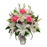 Diwali Flowers Delivery in India. Pink Roses and White Lily in Vase 12 Flowers to India Online