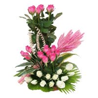 Send White Pink Roses Basket 30 Flowers with Rakhi India