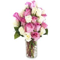 New Born Flowers Delivery. Online delivery of White Pink Roses Vase 25 Flowers to India