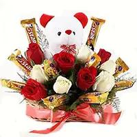 Wedding Gifts to India. Send 36 Red White Roses to India with 16 Pcs Ferrero Rocher Bouquet on Wedding
