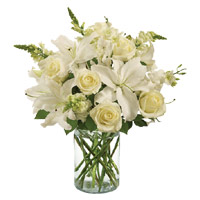 Diwali Flowers Delivery in India. White Lily Roses in Vase of 14 Flowers to India