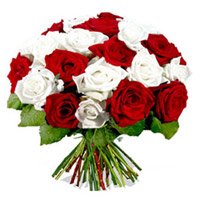 Send Rakhi Flowers of Red White Roses Bouquet 24 flowers to India Online