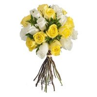 Deliver Diwali Flowers to India. Yellow White Roses Bouquet 24 Flowers to Mumbai