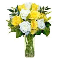 Send New Born Flowers to India. Yellow White Roses Vase 12 Flowers in India