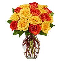 Deliver Yellow Red Roses Vase 15 Flowers to India, Send Rakhi to India Same Day Delivery