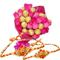 Online Rakhi Delivery in India with Pink Roses 10 Flowers 16 Pcs Ferrero Rocher Bouquet